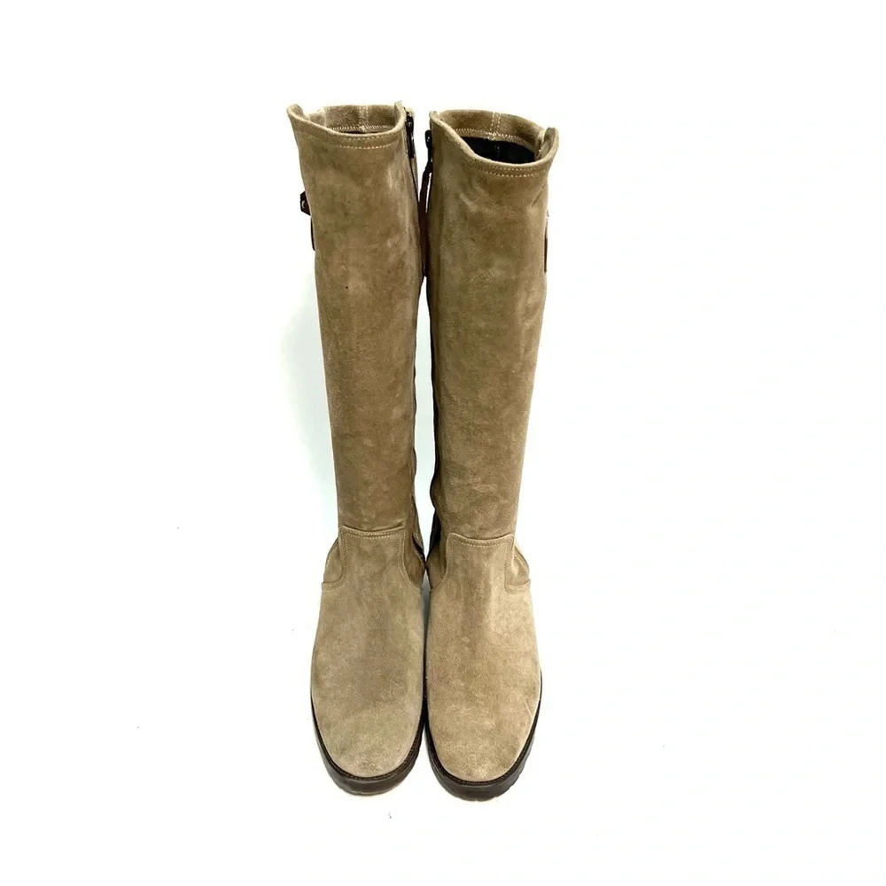 Vintage 1990s women’s tan suede zip up knee high fleece line buckle riding boots